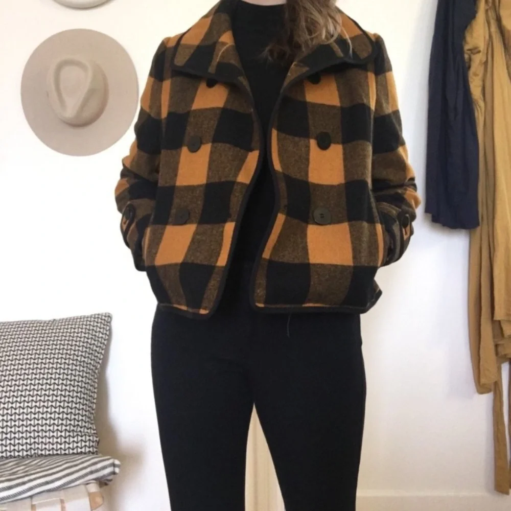 Ann Taylor loft wool blend orange and black plaid jacket - Picture 1 of 10